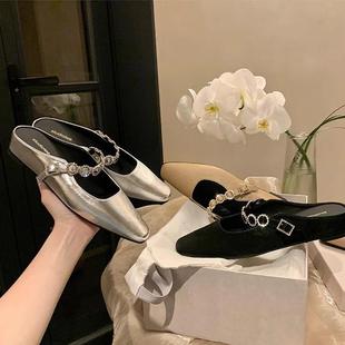 方頭一字帶淺口百搭穆勒半拖鞋 4cm內(nèi)增高法式 女 新款 葡萄媽夏季