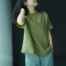 休閑寬松盤扣短袖 艾繪館新中式 國風復古亞麻立領旗袍上衣女夏季