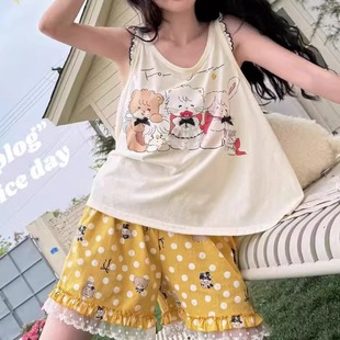 背心短褲 無袖 家居服 波點夏季 小貓卡通花邊蕾絲睡衣女日系純棉薄款