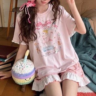 蕾絲花邊純棉薄款 睡衣套裝 甜美少女家居服 短褲 蝴蝶結碎花女士短袖