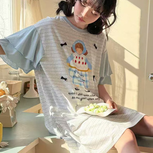 可愛日系家居服睡衣 寬松大碼 夏季 條紋蛋糕條紋睡裙女花邊純棉薄款