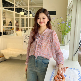 百分百2025年夏季 上衣木耳邊雪紡碎花襯衫 新款 法式 女裝 DM100大碼