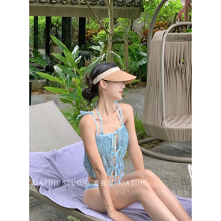 泳衣女2024新款 泡溫泉度假風分體純欲高級感防曬 比基尼三件套裙式
