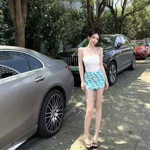 新款 游泳衣女夏串珠抽繩抹胸 掛脖立體花朵紋路比基尼吊帶分體裙式