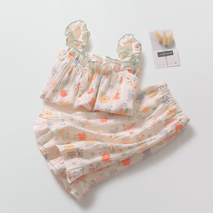 花邊背心睡衣女純棉紗夏季 印花家居睡眠服薄可外穿 寬肩帶吊帶短褲