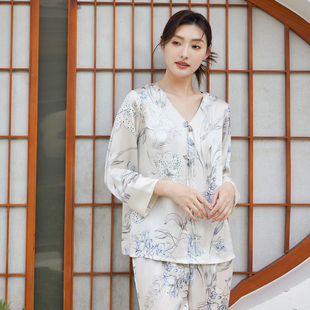 國風家居服套裝 睡衣100%桑蠶絲新中式 女士重磅真絲長袖 美標春秋季