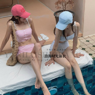 泳衣女純欲條紋蝴蝶結吊帶分體比基尼高腰小胸聚攏海邊度假風泳裝