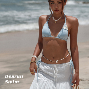 2025度假風(fēng)掛脖泳裝 海邊藍(lán)色比基尼小胸聚攏套裝 SWIM BEARUN