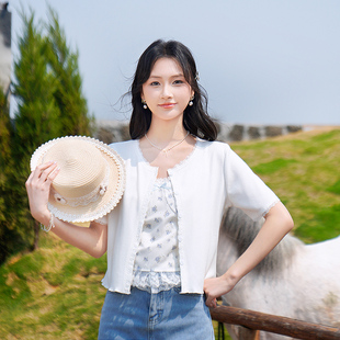 新款 套裝 女甜美蕾絲花邊拼接短袖 印花吊帶衫 針織開衫 ATAR2025夏季