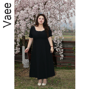 胖mm黑色氣質大擺裙長裙 重工亮片方領收腰連衣裙夏季 Vaee大碼 女裝