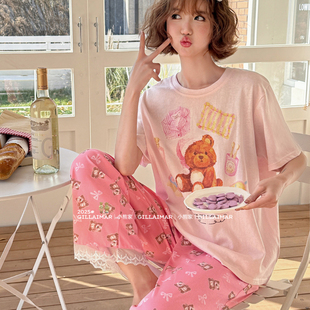 甜美蕾絲花邊卡通小熊睡衣套裝 新款 女 Aimar小熊家家居服春季 Gill