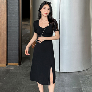 修身 A字裙夏薄款 顯瘦性感開叉裙子 中長(zhǎng)款 莫代爾垂感連衣裙女短袖