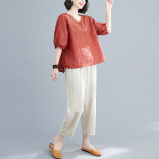媽媽夏裝 上衣春秋棉麻褲 套裝 刺繡短袖 子兩 2025新款 專柜中老年女裝