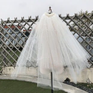 新娘結婚頭紗頭飾森系雙層釘珠領證拍照道具婚紗旅拍短款 韓國紗女