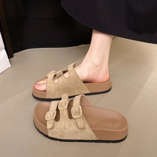 新款 個性 女夏季 皮帶扣涼拖鞋 輕便百搭半拖舒適透氣鏤空一字拖 時尚