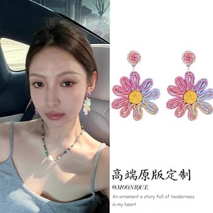 彩色草編大花朵耳環夏天海邊度假風少女感耳釘夸張適合拍照 耳飾
