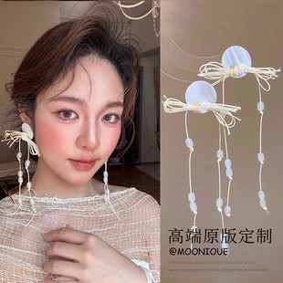新娘氛圍感白色貝殼蝴蝶結流蘇耳環女超仙甜美耳墜海邊度假風耳飾