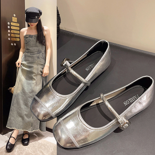 配裙子瑪麗珍鞋 平底豆豆鞋 女鞋 韓版 銀色小 子2025春夏新款 品牌法式