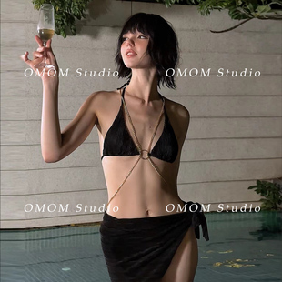 omom新款 純欲網紅鏈條性感歐美風分體泳衣比基尼女三件套罩裙遮肉