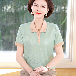 中老年女裝 翻領(lǐng)上衣時(shí)尚 夏季 薄款 專柜媽媽夏裝 寬松短袖 2025新款