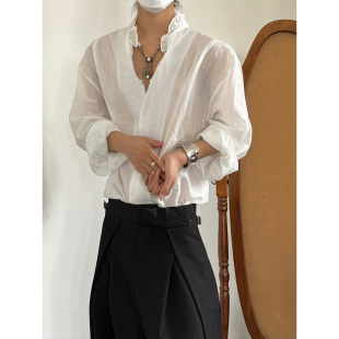 襯衫 14GSL山本風(fēng)復(fù)古褶皺肌理花邊V領(lǐng)長袖 男女寬松休閑襯衣 PCGO