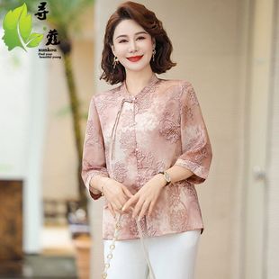 中袖 上衣女中年裝 大碼 薄款 國風服裝 時尚 休閑小衫 中老年女 媽媽夏裝