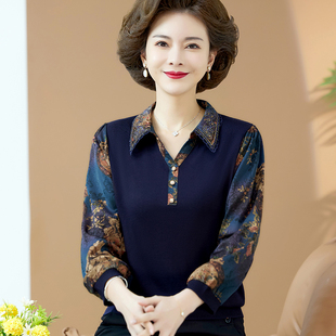 T恤洋氣短款 專柜媽媽春秋紗袖 長袖 50歲中老年女夏裝 針織 打底小衫