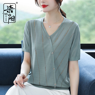 條紋短袖 夏季 冰絲t 母親節洋氣媽媽裝 專柜40歲50中年婦女上衣時尚