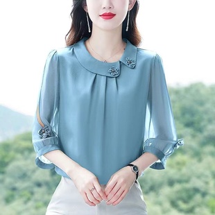 襯衣時尚 媽媽女士七分袖 百搭桑蠶絲上 洋氣時尚 專柜2025春夏秋新款