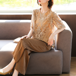 真絲上衣中老年女桑蠶絲短袖 洋氣套裝 t恤兩 2025新款 專柜媽媽夏裝