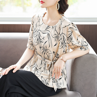 2025新款 專柜媽媽短袖 套裝 洋氣中老年女T恤中老年真絲小衫 兩 夏裝