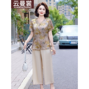 媽媽夏裝 薄款 套裝 小衫 寬松兩 中老年女士國風碎花短袖 專柜2025新款