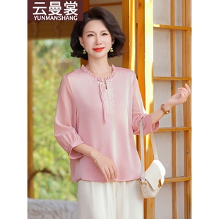 七分袖 專柜媽媽夏裝 中老年女春夏時尚 2025新款 上衣服洋氣 雪紡小衫