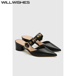 女粗跟一腳蹬半涼拖鞋 WILLWISHES 王玎原創設計通勤簡約中跟單鞋