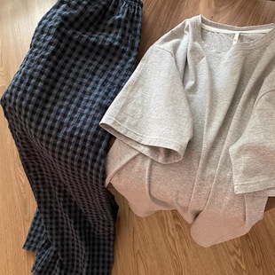 睡衣女款 套裝 夏季 家居服大碼 簡約格紋長褲 ins韓系簡約灰色T恤短袖