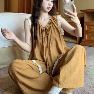 夏季 可外穿家居服套裝 2025新款 長褲 花邊無袖 韓系簡約棉麻睡衣女款