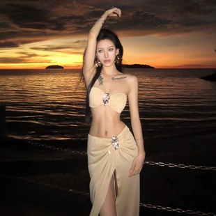 歐美ins25新款 性感比基尼分體三件套長裙顯瘦沙灘度假有胸墊女神
