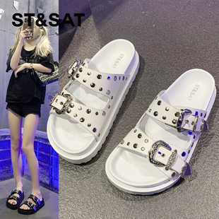 星期六鉚釘厚底涼拖女2024夏新款 ins潮酷外穿 露趾軟底網(wǎng)紅沙灘鞋