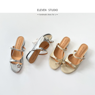 女 高級感套趾真皮一字帶平底涼拖鞋 3.5CM 素描 Eleven‘shoes