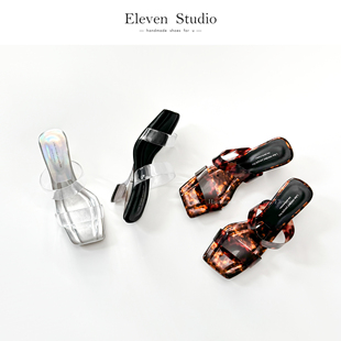 法式 時尚 透明中跟一字拖鞋 外穿 5CM 女夏季 淡水 Eleven‘shoes