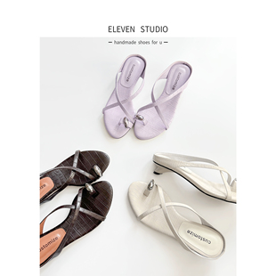 女 真皮鱷魚紋套趾交叉帶一腳蹬貓跟涼拖鞋 喬麗 Eleven‘shoes