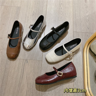 2025春季 女鞋 新款 韓版 瑪麗珍鞋 內增高厚底淺口豆豆鞋 淺口搭扣單鞋
