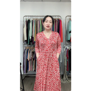 2025夏季 大擺裙 真絲連衣裙女V領桑蠶絲印花中長裙套頭收腰七分袖