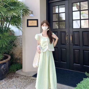 襯衫 套裝 高腰半身長裙女2025夏季 時尚 新款 甜美風拼接花邊泡泡短袖