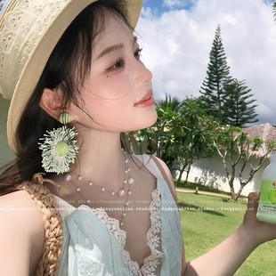薄荷盛夏 海邊度假風綠色太陽花耳環女夸張高級感耳飾無耳洞耳夾