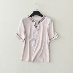 清倉不退換 刺繡短袖 日系文藝簡約 薄款 上衣女 V領(lǐng)流蘇系帶夏