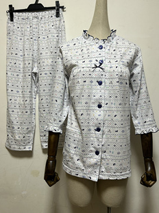 松緊腰 七分褲 日單女士全棉汗布木耳花邊立領家居服睡衣套裝 七分袖