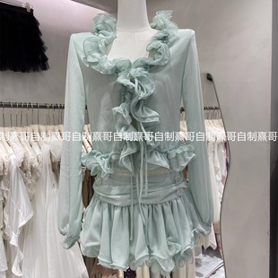 上衣高腰蓬蓬半身短裙兩件套秋季 小眾純欲度假風荷葉邊長袖 雪紡衫
