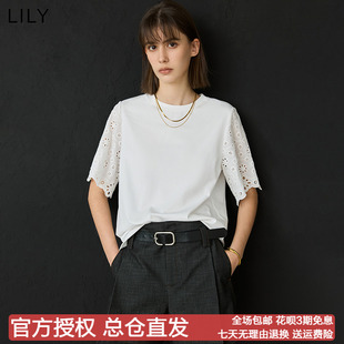 LILY2025春新款 上衣女 浪漫鏤空花邊寬松通勤圓領高級白色T恤短袖