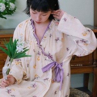 睡袍睡裙 國風家居服四季 睡衣女春秋純棉紗布枇杷漢服長袖 浴袍中式